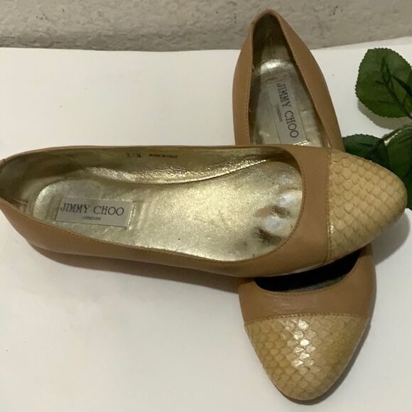 JIMMY CHOO Nude Leather & Python Cap Toe Ballet Flats Neutral Size EU 37.5, US 7 - Picture 2 of 16